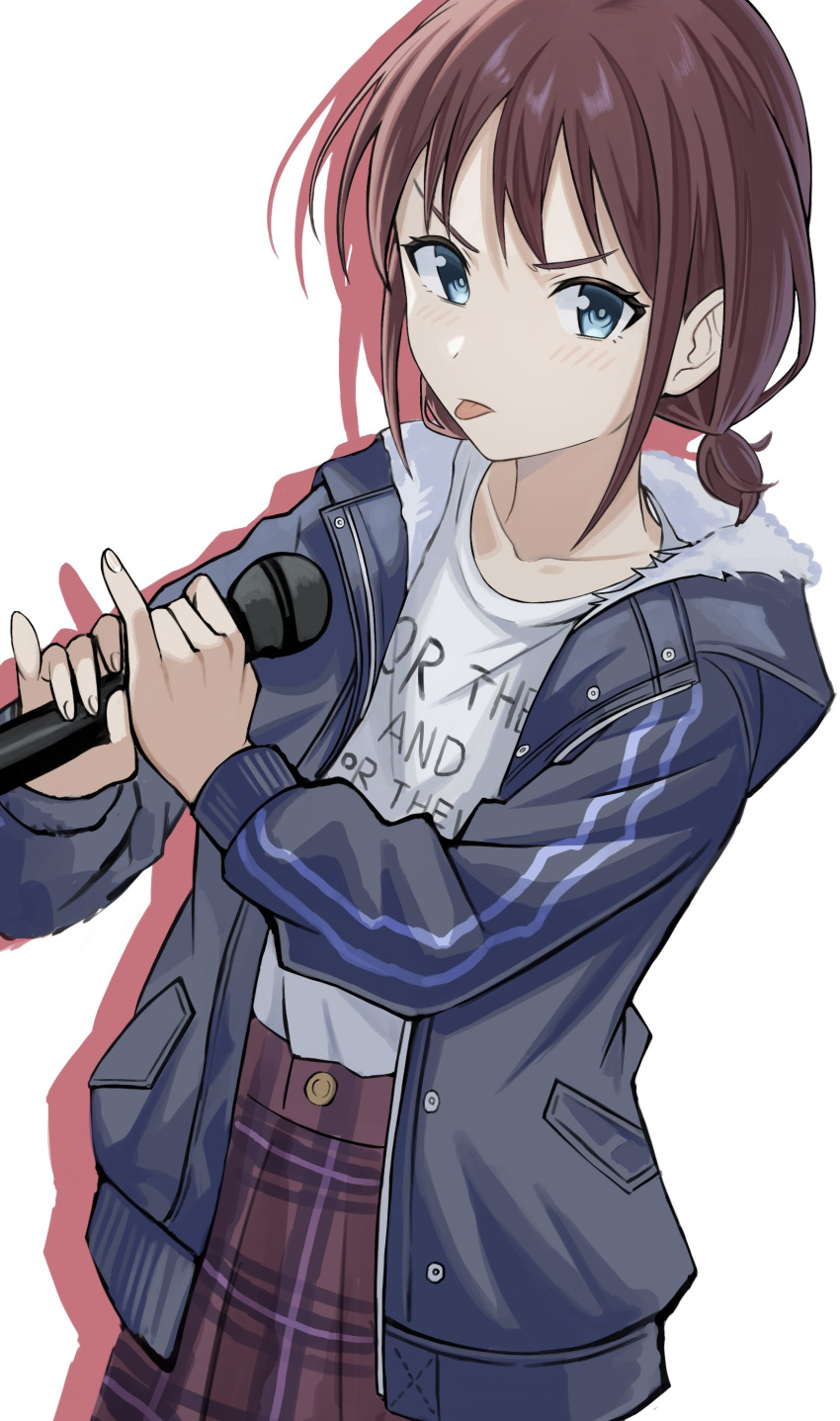 1girl absurdres blue_eyes blue_jacket blush brown_hair clothes_writing collarbone cowboy_shot drop_shadow girls_band_cry highres holding holding_microphone hood hood_down hooded_jacket iseri_nina jacket long_sleeves low_twintails microphone open_clothes open_jacket pinky_out plaid_clothes plaid_skirt red_skirt rxo2xs shirt short_hair short_twintails sidelocks simple_background skirt solo tongue tongue_out twintails white_background white_shirt