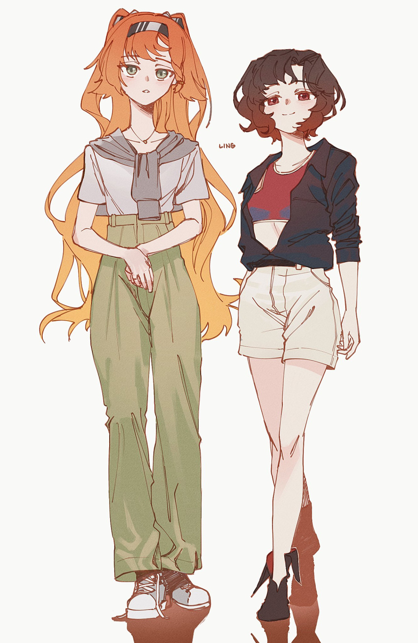 2girls ankle_boots artist_name black_footwear black_hair black_shirt boots closed_mouth crop_top crossed_legs full_body green_eyes green_pants grey_shirt hairband highres ling_(chaaaaanhikari) long_hair looking_at_viewer multiple_girls orange_hair own_hands_together pants parted_lips partially_unbuttoned red_eyes red_tank_top reverse:1999 schneider_(reverse:1999) shirt shirt_tucked_in shoes short_hair short_sleeves shorts signature smile sneakers sonetto_(reverse:1999) standing tank_top two_side_up very_long_hair watson_cross white_background white_shorts