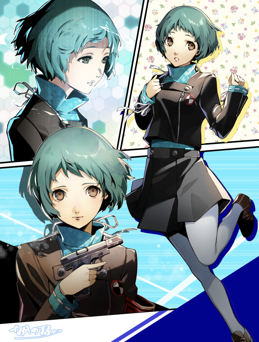 1girl absurdres black_skirt blue_hair brown_eyes brown_footwear commentary evoker full_body gekkoukan_high_school_uniform gun handgun hands_up highres holding holding_weapon leg_up loafers multiple_views nakano_maru pantyhose parted_lips persona persona_3 school_uniform shoes short_hair simple_background skirt standing weapon white_background white_pantyhose yamagishi_fuuka