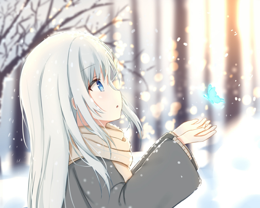 1girl bare_tree blue_butterfly blue_eyes blurry blurry_background brown_scarf brown_sweater bug butterfly chinese_commentary coat commentary from_side grey_coat grey_hair kujyo_ayans lens_flare light_particles long_hair looking_ahead open_mouth original outdoors reaching scarf sidelocks snow snowing solo sweater tree winter