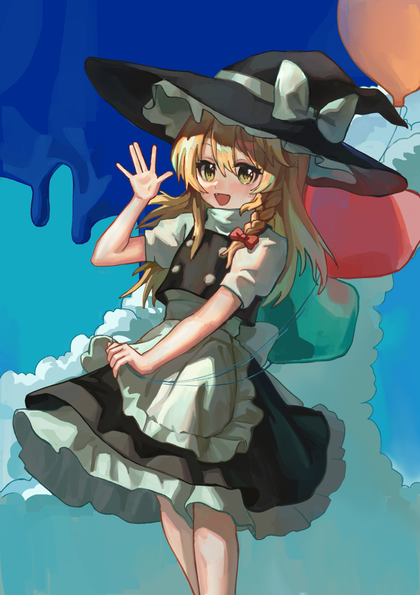 1girl absurdres apron black_hat black_skirt black_vest blonde_hair bow braid commentary frilled_apron frilled_hat frilled_skirt frills hair_bow hand_up hat hat_bow highres kirisame_marisa long_hair open_mouth puffy_short_sleeves puffy_sleeves qiyu_yun_zhizhong red_bow shirt short_sleeves single_braid skirt smile solo touhou vest waist_apron white_apron white_bow white_shirt witch_hat yellow_eyes