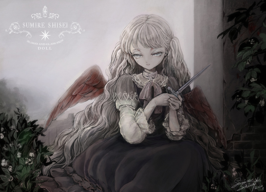 1girl angel_wings black_dress commentary_request dagger doll dress expressionless feathered_wings holding holding_dagger holding_knife holding_weapon knife lace leaf long_hair looking_at_viewer original red_wings sitting solo sumire_shisei very_long_hair wavy_hair weapon white_eyes white_hair wings