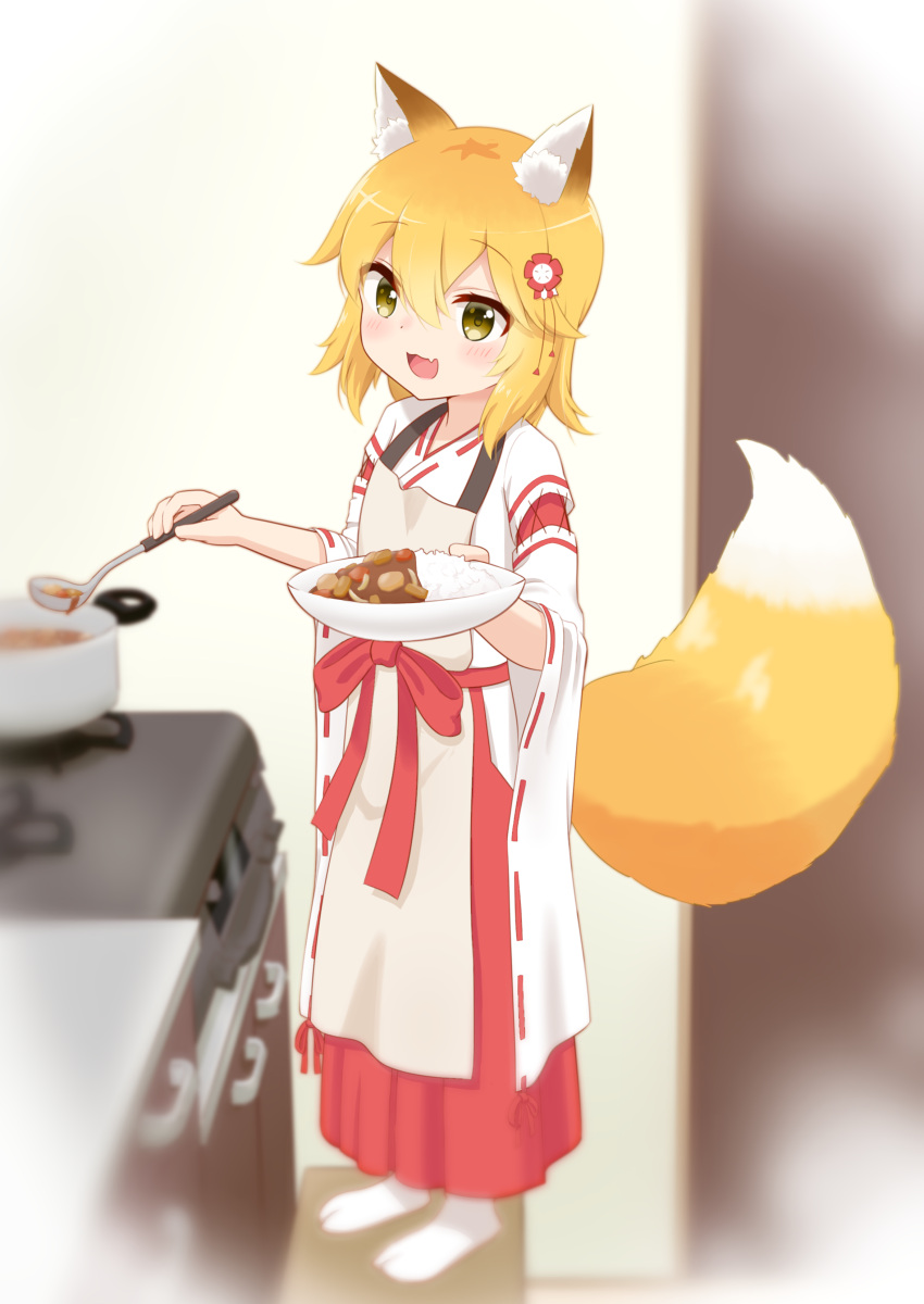 1girl :3 :d absurdres animal_ear_fluff animal_ears apron blonde_hair blush brown_apron commentary_request cooking_pot curry curry_rice fang flower food fox_ears fox_girl fox_tail hair_between_eyes hair_flower hair_ornament hakama hakama_skirt highres holding holding_ladle holding_plate japanese_clothes kimono ladle looking_at_viewer miko on_chair on_stool open_mouth plate red_flower red_hakama ribbon_trim rice senko_(sewayaki_kitsune_no_senko-san) sewayaki_kitsune_no_senko-san skin_fang skirt smile socks solo standing standing_on_chair stove tail vignetting white_kimono white_socks wide_sleeves yellow_eyes yutuki_ame