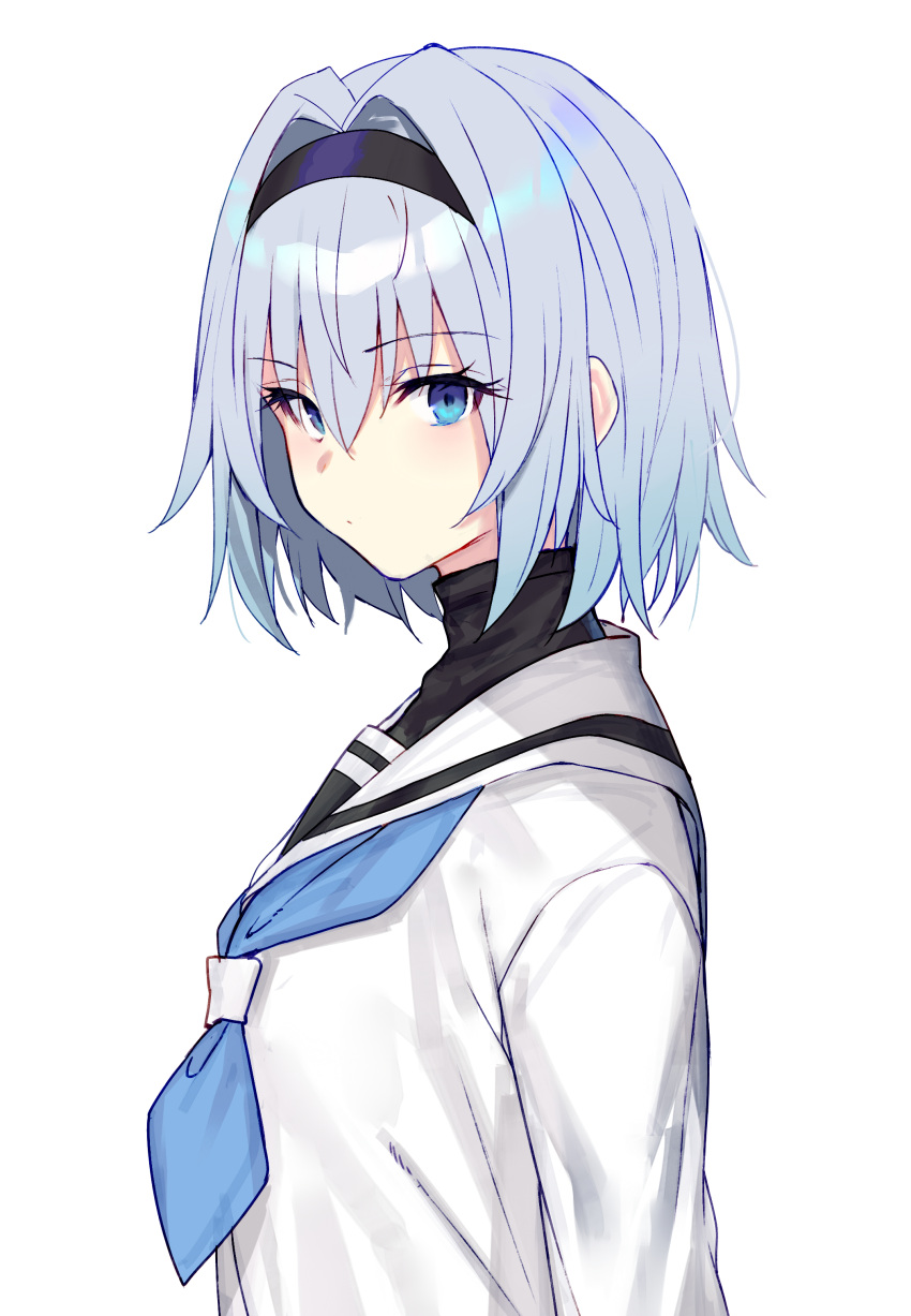 1girl absurdres arms_at_sides black_hairband black_shirt blue_eyes blue_hair blue_neckerchief closed_mouth dot_mouth from_side hair_between_eyes hair_intakes hairband highres looking_at_viewer neckerchief ryuuou_no_oshigoto! sailor_collar school_uniform shirt short_hair sidelocks simple_background solo sora_ginko tsukudani_(ore624) turtleneck_shirt white_background white_sailor_collar white_shirt