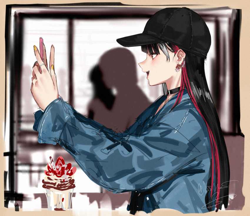 1girl alternate_costume baseball_cap black_choker black_hair black_hat blue_jacket blunt_bangs blurry blurry_background border brown_border cafe choker denim denim_jacket fang from_side grey_hair hands_up harusaruhi hat highres holding holding_phone indoors isshiki_(ffmania7) jacket kamitsubaki_studio long_hair long_sleeves looking_ahead multicolored_hair open_mouth parfait people phone profile redhead signature silhouette smile solo_focus streaked_hair taking_picture upper_body yellow_eyes yellow_nails