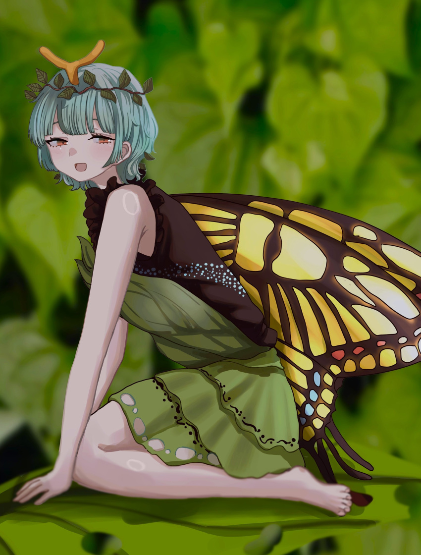 1girl absurdres antennae aqua_eyes barefoot breasts butterfly_wings dress eternity_larva fairy green_dress highres insect_wings leaf leaf_on_head mesuosushi multicolored_clothes multicolored_dress open_mouth orange_eyes short_hair sleeveless sleeveless_dress small_breasts smile solo touhou wings