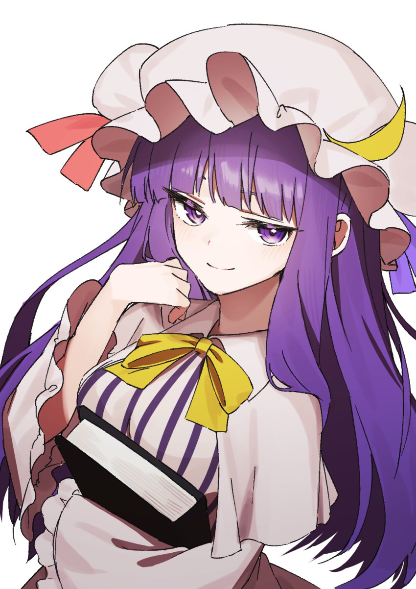 1girl ascot blunt_bangs book hat highres long_hair looking_at_viewer mob_cap patchouli_knowledge purple_hair simple_background smile solo touhou upper_body violet_eyes wanko_sora white_background wide_sleeves yellow_ascot