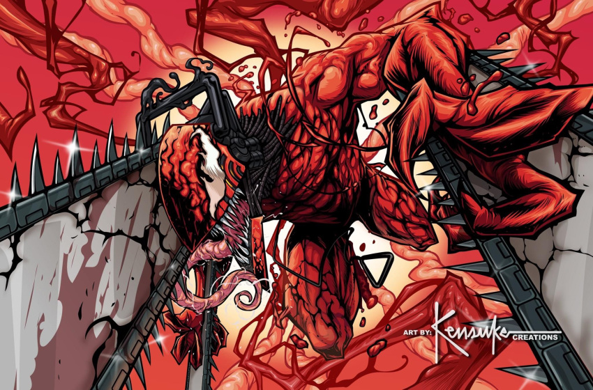 1boy artist_name carnage_(marvel) chainsaw chainsaw_devil chainsaw_devil_(cosplay) chainsaw_man commentary cosplay highres kensuke_creations long_tongue male_focus marvel pull_cord red_theme sharp_teeth solo spider-man_(series) teeth tongue tongue_out watermark