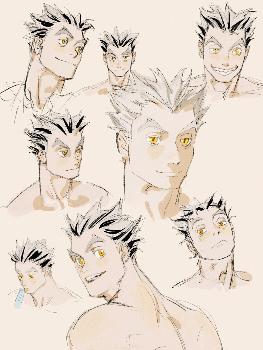 1boy black_hair bokuto_koutarou brown_background chengongzi123 chinese_commentary closed_mouth grey_hair grin haikyuu!! highres looking_at_viewer looking_back looking_to_the_side male_focus multicolored_hair multiple_views open_mouth portrait sharp_teeth short_hair simple_background smile streaked_hair teeth thick_eyebrows tongue tongue_out uneven_eyes very_short_hair yellow_eyes