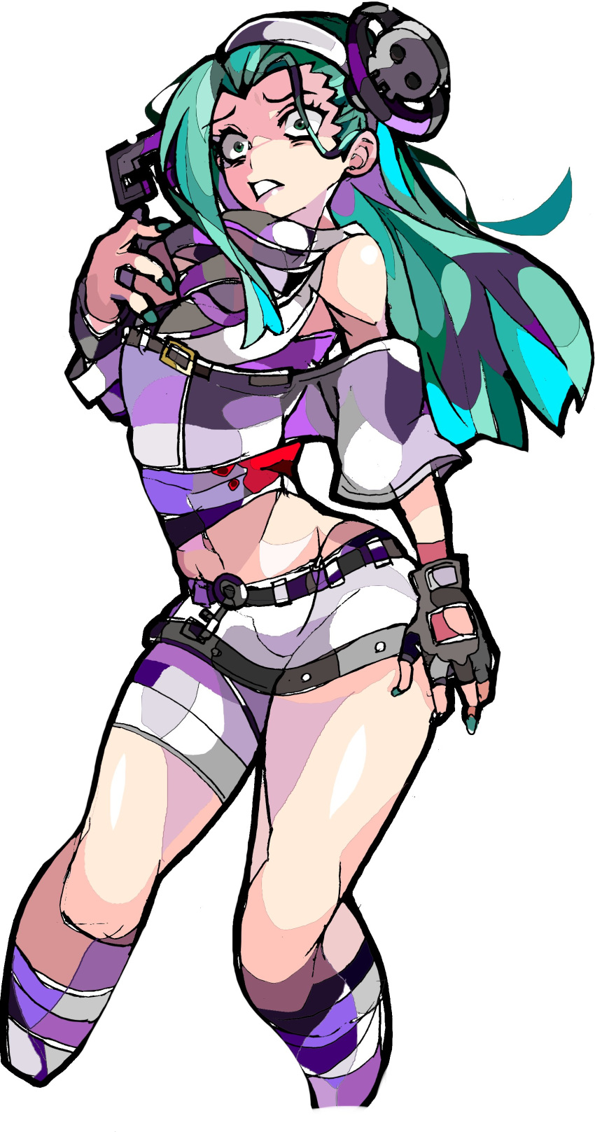 1girl a.b.a absurdres bags_under_eyes blood crazy_eyes enpe fingerless_gloves gloves grey_hair guilty_gear guilty_gear_strive highres key key_in_head long_hair looking_at_viewer navel object_through_head shorts
