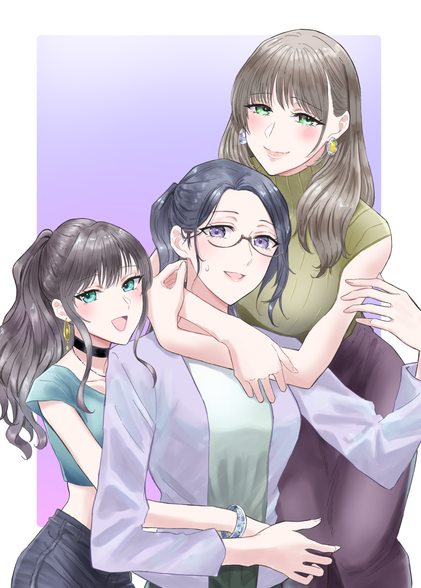 3girls absurdres arms_around_neck black_choker black_hair black_pants blue_shirt blush bracelet brown_hair choker closed_mouth commentary_request earrings glasses gradient_background green_eyes green_shirt green_sweater highres hug hug_from_behind jacket jewelry long_hair looking_at_viewer multiple_girls necklace open_mouth original pants ponytail purple_background purple_jacket purple_skirt ribbed_sweater shirt skirt sleeveless sleeveless_sweater smile sweatdrop sweater violet_eyes white_background yuri yuri_kyanon