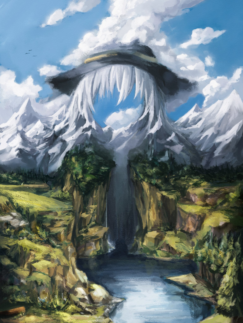 1girl black_headwear blending blue_sky clouds day forest grass hat highres komeiji_koishi landscape mountain nature outdoors painterly reverinth rock scenery simple_bird sky solo surreal touhou water waterfall white_hair
