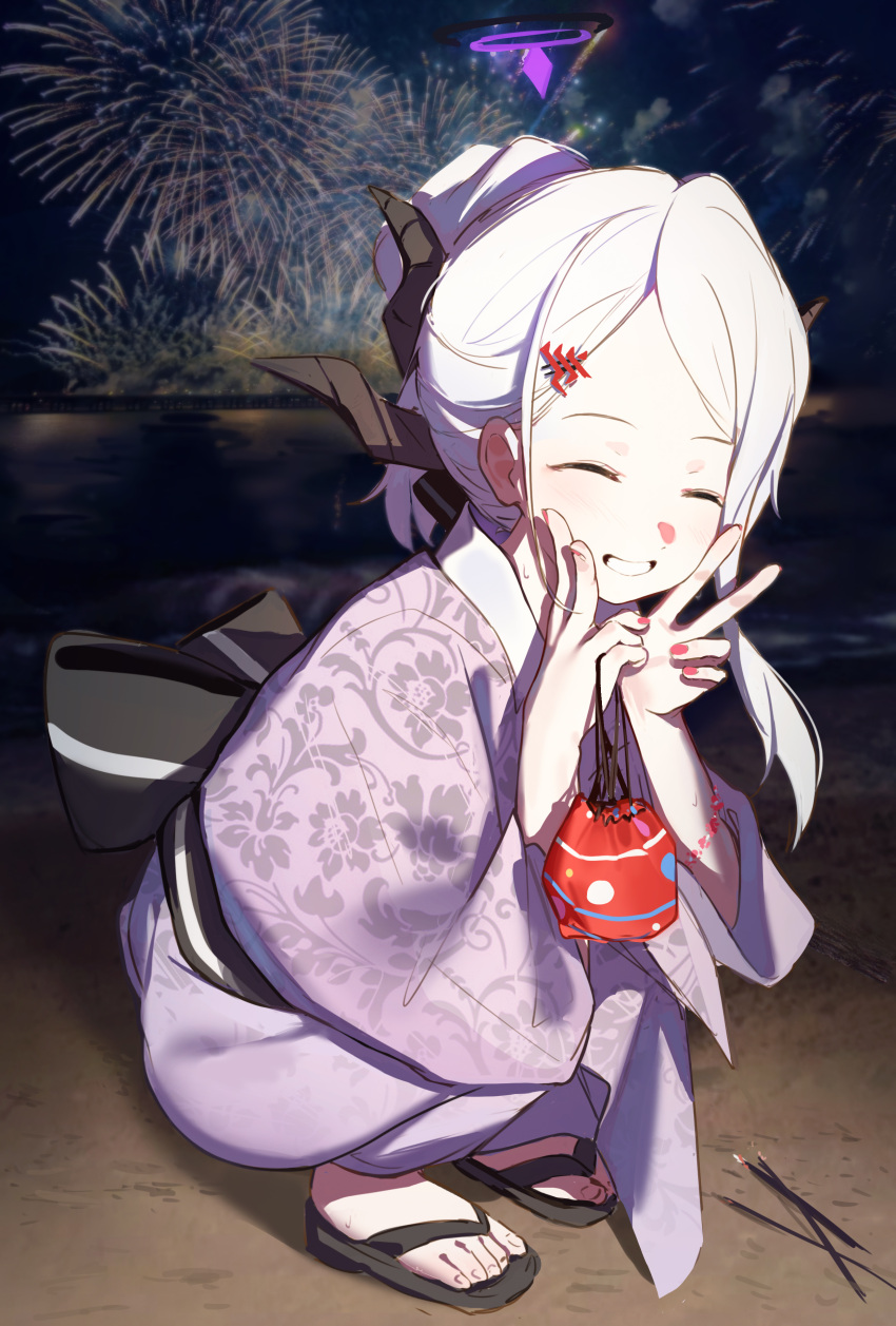 1girl absurdres aerial_fireworks alternate_costume black_horns blue_archive blush demon_horns facing_viewer fingernails fireworks grin halo highres hina_(blue_archive) horns japanese_clothes kimono long_hair long_sleeves multiple_horns night outdoors purple_kimono sandals shenqi_de_(9) smile solo squatting toes white_hair wide_sleeves zouri