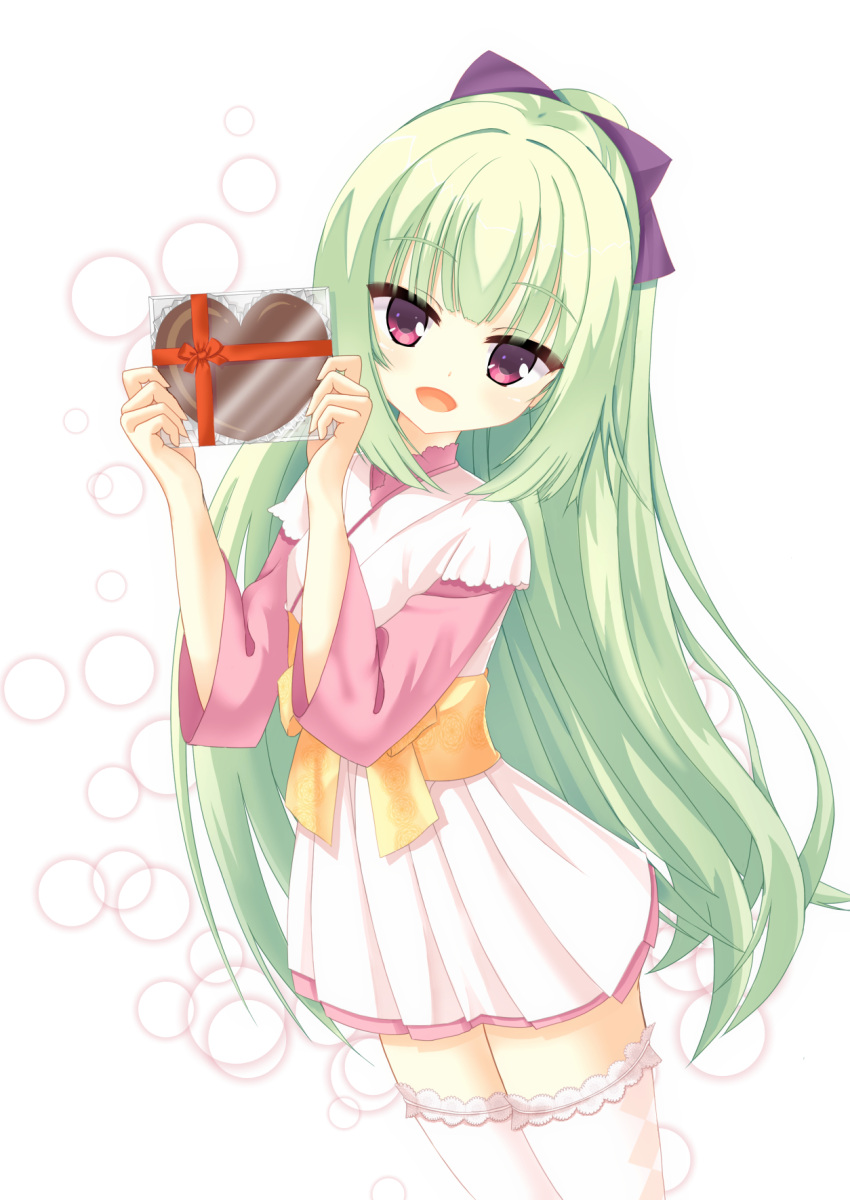 1girl blunt_bangs blunt_ends candy chocolate commentary_request cowboy_shot food gift green_hair hair_ribbon hands_up happy heart heart-shaped_chocolate highres hime_cut holding holding_gift japanese_clothes kimono long_hair long_sleeves looking_at_viewer murasame_(senren) official_alternate_costume official_alternate_hairstyle open_mouth pink_kimono purple_ribbon red_eyes ribbon senren_banka sidelocks simple_background smile solo straight_hair thigh-highs tokuranoi0000 valentine very_long_hair white_background white_kimono white_thighhighs wide_sleeves zettai_ryouiki