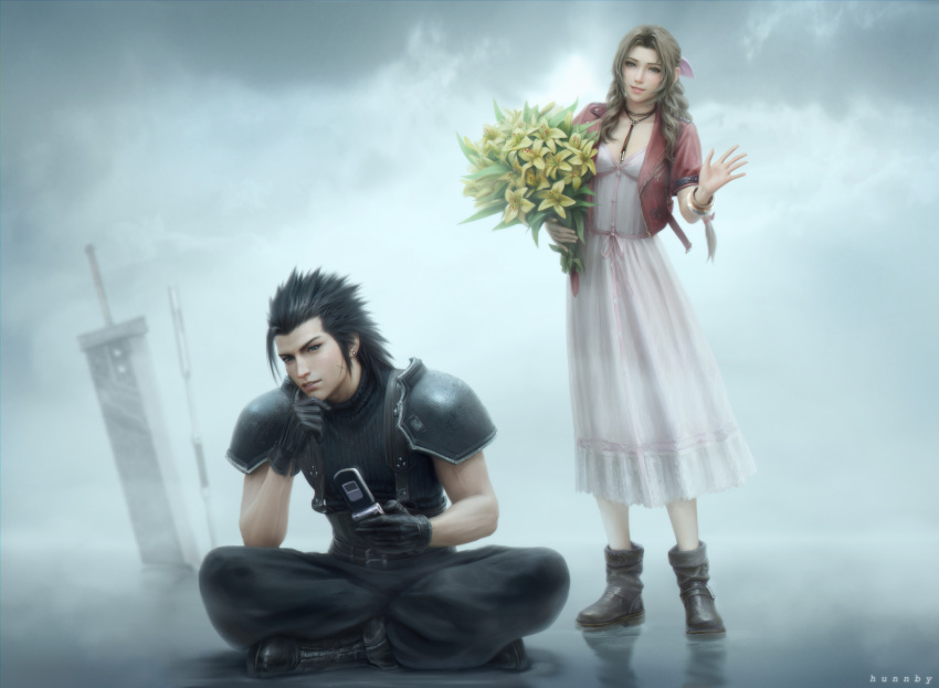 1boy 1girl absurdres aerith_gainsborough armor baggy_pants bangle black_gloves black_hair blue_eyes boots bouquet bracelet braid braided_ponytail breasts brown_hair buster_sword cellphone choker clouds cloudy_sky commentary cross_scar dress drill_hair drill_sidelocks english_commentary final_fantasy final_fantasy_vii final_fantasy_vii_rebirth final_fantasy_vii_remake flip_phone flower full_body gloves green_eyes hair_ribbon hair_slicked_back highres holding holding_bouquet holding_phone honeybunny-art indian_style jacket jewelry long_hair looking_at_viewer open_clothes open_jacket pants parted_bangs parted_lips phone pink_dress pink_ribbon planted planted_sword red_jacket ribbon scar scar_on_cheek scar_on_face short_sleeves shoulder_armor sidelocks sitting sky sleeveless sleeveless_turtleneck small_breasts smile spiky_hair staff standing sweater sword turtleneck turtleneck_sweater waving weapon yellow_flower zack_fair