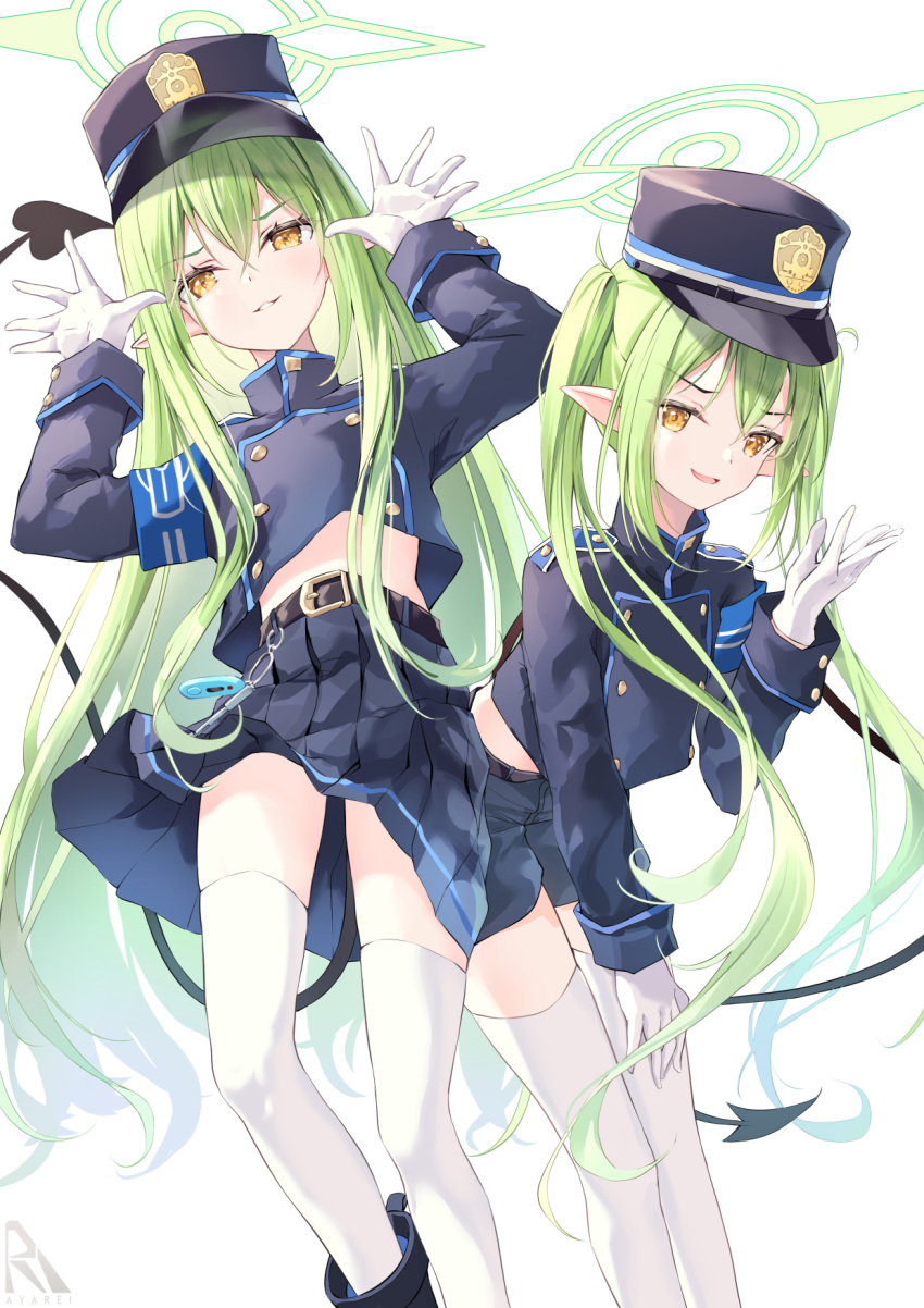 2girls :d arino_ayarei belt bent_over black_belt blue_archive blue_jacket blue_shorts blue_skirt blush boots buttons commentary_request cropped_jacket curly_hair demon_girl demon_tail double-breasted from_below gloves green_hair green_halo grin hair_between_eyes halo hand_on_own_thigh hand_up hands_up highres hikari_(blue_archive) jacket leaning_forward long_hair long_sleeves looking_at_viewer looking_down midriff multiple_girls nozomi_(blue_archive) short_shorts shorts siblings sisters skindentation skirt smile smug tail thigh-highs thighs twins twintails very_long_hair white_gloves yellow_eyes
