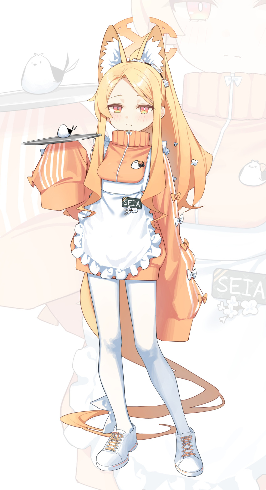 absurdly_long_hair absurdres animal_ear_fluff animal_ears apron bird blonde_hair blue_archive bow closed_mouth flower frilled_apron frills gradient_eyes hair_bow hair_flower hair_ornament halo highres jacket light_blush long_hair long_sleeves looking_at_viewer maid multicolored_eyes name_tag orange_halo orange_jacket pantyhose puffy_long_sleeves puffy_sleeves seia_(blue_archive) sleeve_bow sleeves_past_fingers sleeves_past_wrists striped_sleeves syhan tray turtleneck unconventional_maid very_long_hair white_apron white_footwear white_pantyhose