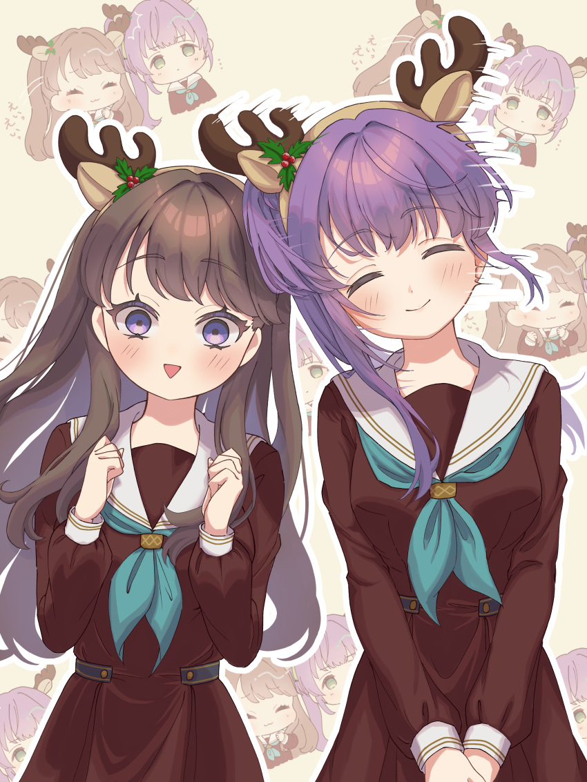 2girls :3 ^_^ absurdres animal_ear_hairband animal_ears antlers aqua_neckerchief blank_eyes blush breasts brown_dress brown_hair brown_hairband chibi chibi_inset clenched_hands closed_eyes closed_mouth commentary_request deer_ears dress fake_animal_ears fake_antlers false_smile fujishima_megumi hairband hands_up hasu_no_sora_school_uniform headbutt highres hiyori_(20hiyori727) holly horns light_brown_background link!_like!_love_live! long_hair long_sleeves looking_at_viewer love_live! medium_breasts multiple_girls neckerchief otomune_kozue outline pleated_dress purple_hair reindeer_antlers sailor_collar sailor_dress school_uniform side_ponytail sidelocks smile speed_lines triangle_mouth two_side_up v_arms violet_eyes white_outline white_sailor_collar winter_uniform