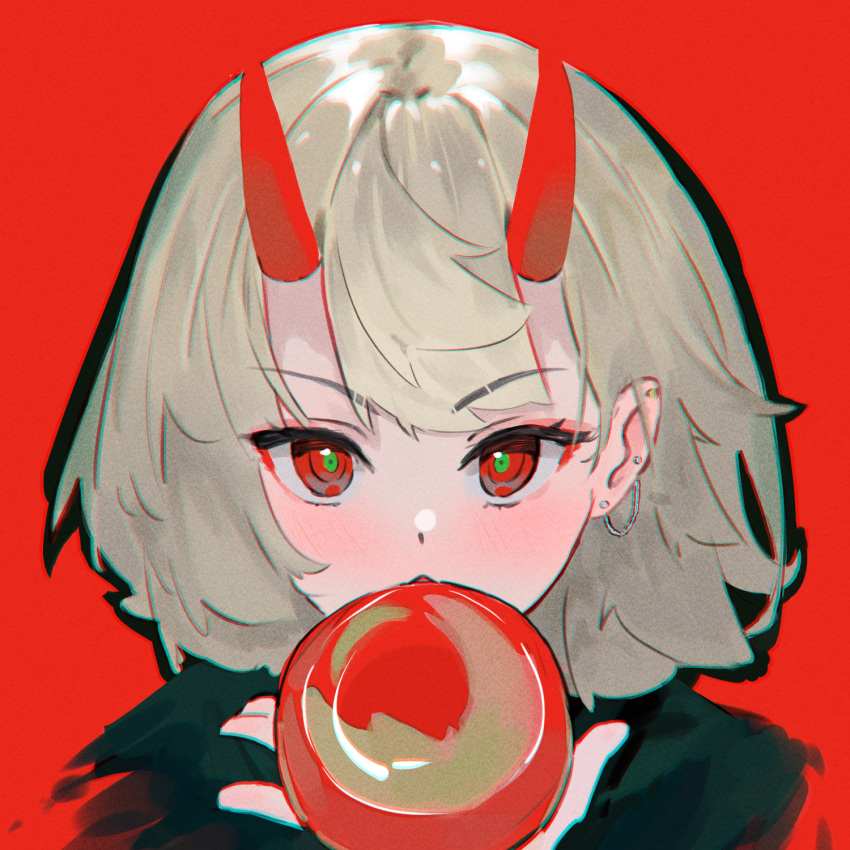 1girl blonde_hair blush chromatic_aberration ear_chain ear_piercing eyeshadow fishofthelakes food fruit green_pupils hand_up highres holding holding_food holding_fruit horns looking_at_viewer makeup oni original piercing portrait red_background red_eyes red_eyeshadow red_theme short_hair solo