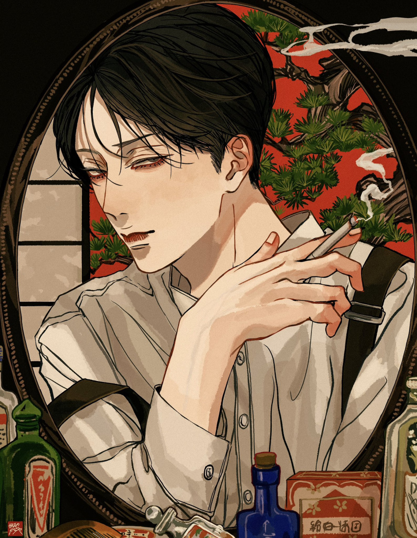 1boy black_hair bottle buttoned_cuffs buttons cigarette closed_mouth collared_shirt commentary fingernails half-closed_eyes hand_up highres holding holding_cigarette kagoya1219 long_sleeves looking_at_viewer male_focus mirror original perfume_bottle shirt short_hair shouji sliding_doors smoke smoking solo suspenders suspenders_slip very_short_hair white_shirt