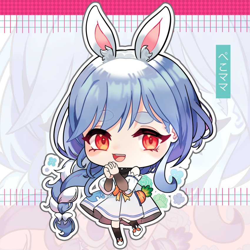 1girl absurdres animal_ear_fluff animal_ears animal_slippers apron black_dress blue_hair braid braided_ponytail chibi currynoodle_art detached_sleeves dress hand_on_own_hip highres hololive long_hair looking_at_viewer mature_female multicolored_hair own_hands_together pekomama rabbit_ears rabbit_girl red_eyes short_eyebrows slippers solo streaked_hair teeth upper_teeth_only virtual_youtuber white_apron white_footwear white_hair white_sleeves