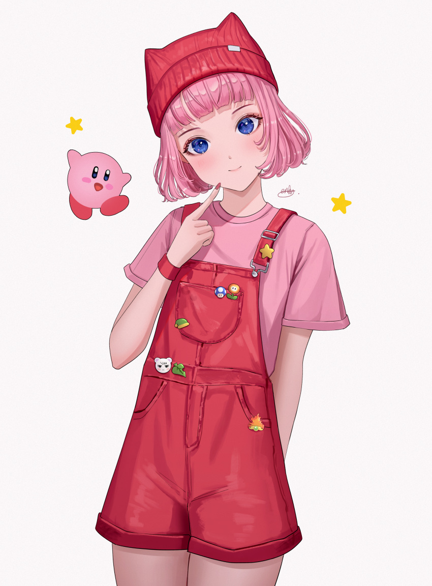 1girl absurdres aendi_en_d_endei animal_hat blue_eyes blunt_bangs blush bob_cut child colored_eyelashes finger_to_own_chin hat highres kirby kirby's_dream_land kirby_(series) looking_at_viewer nail_polish personification pink_hair pink_shirt pink_t-shirt red_t-shirt shirt short_hair shorts signature smile standing star_(symbol) suspender_shorts suspenders t-shirt upper_body white_background