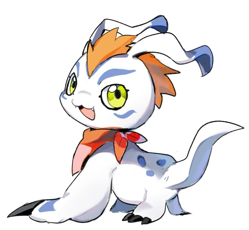 :3 all_fours bandana bandana_around_neck digimon digimon_(creature) fangs from_behind full_body gomamon green_eyes highres looking_back mohawk red_bandana redhead shui_miao simple_background white_background white_fur white_tail