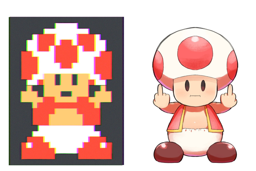 1boy closed_mouth double_middle_finger highres looking_at_viewer middle_finger p_on_kome reference_inset simple_background solo super_mario_bros. super_mario_bros._1 toad_(mario) white_background