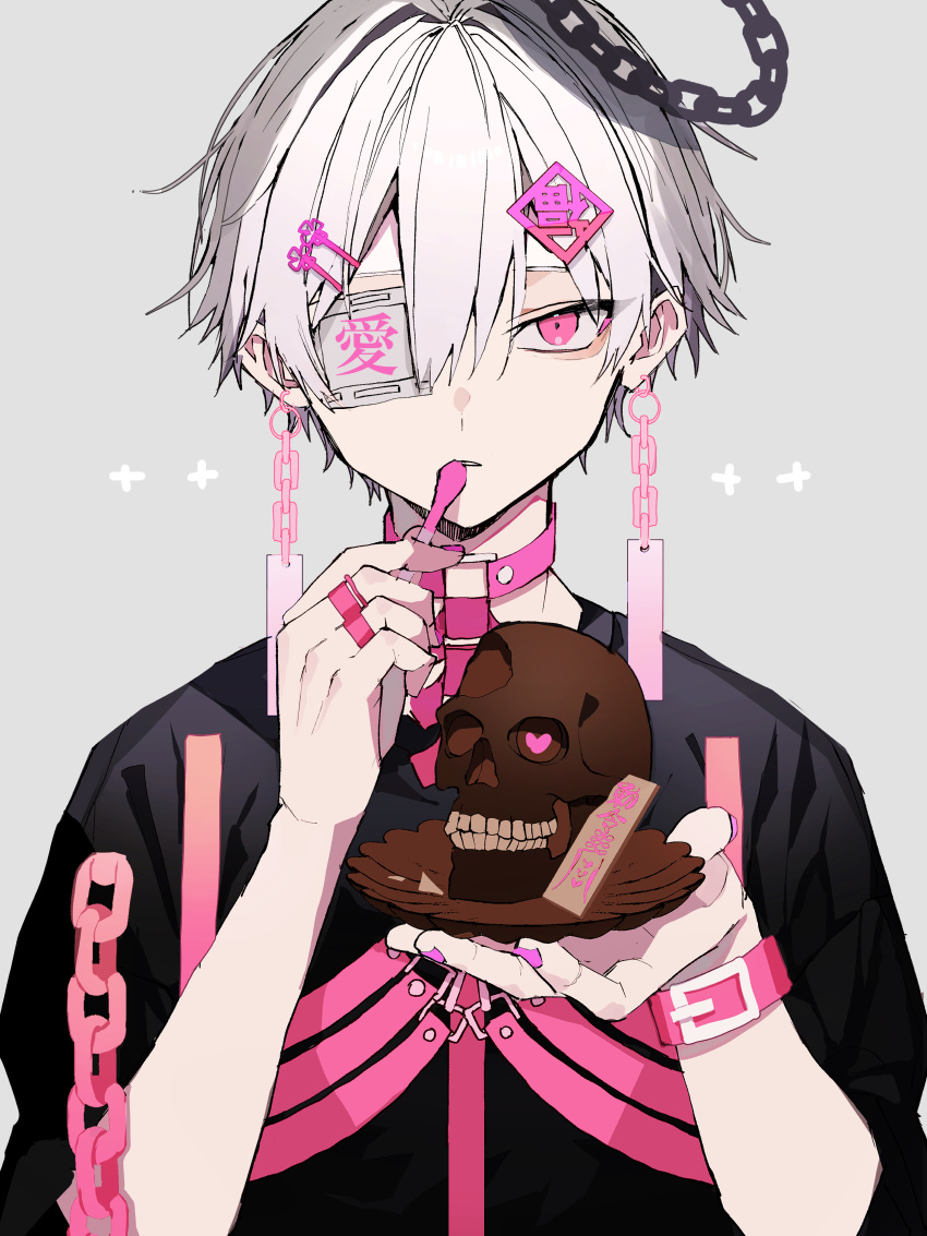 1boy absurdres bandages black_halo black_shirt chain chest_belt chest_harness chinese_hairpin chocolate choker earrings hair_ornament hairpin halo hands_up harness highres holding holding_plate holding_spoon jewelry looking_at_viewer male_focus one_eye_covered original parted_lips pink_choker pink_eyes plate ring sakusya2honda shirt short_hair simple_background sleeves_rolled_up solo spoon upper_body white_hair wristband