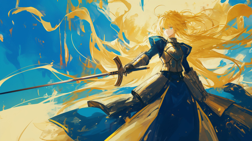 1girl ahoge armor armored_dress artoria_pendragon_(fate) blonde_hair blue_dress blue_eyes breastplate closed_mouth dress excalibur_(fate/stay_night) fate/grand_order fate_(series) faulds floating_hair gauntlets gloves guang_man hair_ribbon highres holding holding_sword holding_weapon long_hair long_sleeves outdoors puffy_sleeves ribbon saber_(fate) sky solo standing sword very_long_hair weapon