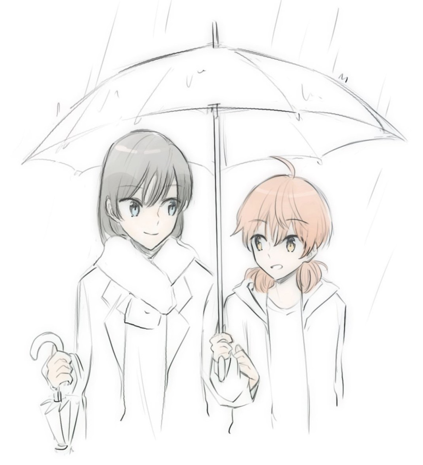 2girls ahoge black_hair blue_eyes brown_eyes closed_mouth coat commentary_request hand_on_another's_arm holding holding_umbrella jacket koito_yuu long_hair looking_at_another multiple_girls nanami_touko nyamo open_clothes open_jacket orange_hair outdoors partially_colored rain scarf shirt short_twintails smile twintails umbrella yagate_kimi_ni_naru