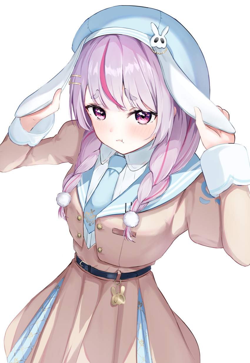 1girl absurdres aisu_(88) animal_ears belt black_belt blue_hat blue_necktie blush braid cattleya_regina_games dress hair_ornament hairclip hat highres holding_ears jacket long_sleeves looking_at_viewer multicolored_hair necktie open_clothes open_jacket pink_hair pout puffy_sleeves purple_hair rabbit_ears shirt short_eyebrows simple_background sleeves_past_wrists solo streaked_hair thick_eyebrows tosaki_mimi two-tone_hair violet_eyes virtual_youtuber vspo! white_background white_shirt