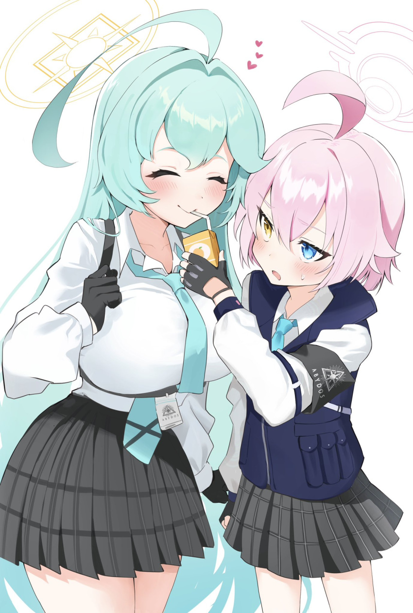 2girls ahoge aqua_necktie armband black_armband black_gloves black_skirt blue_archive blush breasts bulletproof_vest collarbone collared_shirt commentary_request drinking_straw drinking_straw_in_mouth feeding fingerless_gloves gloves green_hair hair_between_eyes halo head_tilt heart height_difference heterochromia highres holding_carton hoshino_(blue_archive) hoshino_(young)_(blue_archive) juice_carton large_breasts long_hair long_sleeves looking_at_another multiple_girls necktie official_alternate_costume official_alternate_hairstyle pineap000 pink_hair plaid plaid_skirt pleated_skirt school_uniform shirt shoulder_strap sidelocks simple_background skirt smile sweatdrop very_long_hair white_background white_shirt yume_(blue_archive)