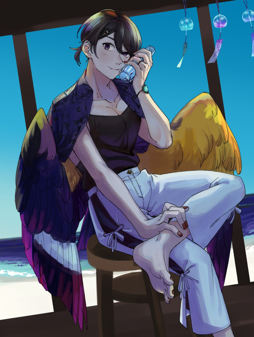 1girl barefoot beach bird_girl bird_tail bird_wings black_camisole black_hair blue_background blue_sky bottle camisole closed_mouth commentary_request fang feathered_wings foot_out_of_frame hand_up highres holding holding_bottle looking_at_viewer ocean original pants purple_wings red_nails rramarukun short_hair sitting skin_fang sky smile solo stool tail uneven_eyes violet_eyes watch watch water white_pants wings yellow_wings