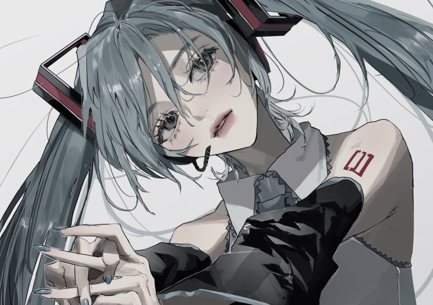 1girl aqua_hair bare_shoulders black_sleeves collared_shirt detached_sleeves grey_background grey_eyes hair_ornament hatsune_miku headset highres kirochy long_hair long_sleeves looking_at_viewer nail_polish own_hands_together parted_lips shirt sleeveless sleeveless_shirt solo twintails upper_body vocaloid