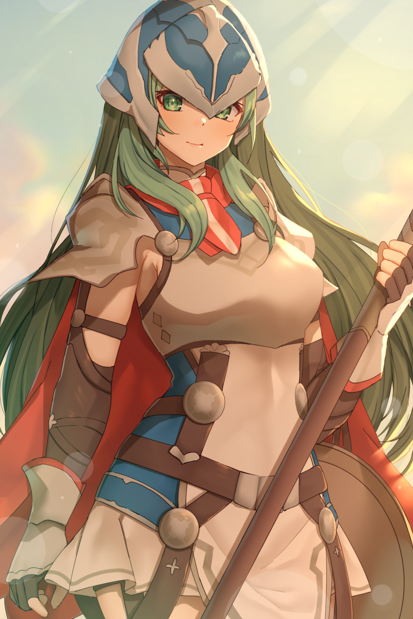 armor black_gloves breastplate closed_mouth edamameoka fingerless_gloves fire_emblem fire_emblem:_path_of_radiance floating_hair gloves green_eyes green_hair helmet highres holding holding_polearm holding_weapon long_hair looking_at_viewer nephenee_(fire_emblem) pleated_skirt polearm shield shoulder_armor skirt smile sunlight very_long_hair weapon white_skirt
