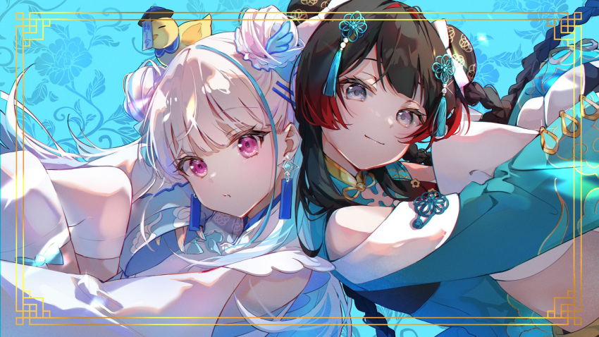 2girls :t alternate_costume alternate_hairstyle animal_on_head back-to-back bird bird_on_head black_hair black_hat blue_background blue_bow blue_collar blue_eyes blue_hair blue_hat blue_nails blue_shirt blue_tassel blunt_bangs border bow bow_legwear braided_hair_rings bun_cover chick chinese_clothes closed_eyes closed_mouth clothing_cutout collar colored_inner_hair detached_collar double_bun earrings eyelashes fffafa_daifuku fingernails floral_background flower_knot gradient_hair grey_hair hair_bun hair_intakes hair_ornament hair_rings hashtag_only_commentary hat highres jewelry jiangshi_costume knees_to_chest knees_up lize_helesta long_hair long_sleeves looking_at_viewer looking_to_the_side multicolored_hair multiple_girls nail_polish nijisanji official_alternate_costume official_alternate_hairstyle ofuda on_head ornate_border outside_border pout qingdai_guanmao redhead sebastian_piyodore shirt shoulder_cutout sleeves_past_wrists smile streaked_hair swept_bangs thigh-highs tsukino_mito tsukino_mito_(china_dress) turning_head two-tone_hair two-tone_hat violet_eyes virtual_youtuber white_thighhighs wing_hair_ornament yellow_border