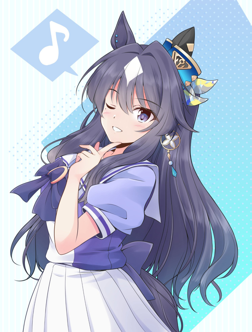 1girl ;) animal_ears black_hair bow bowtie ear_covers finger_to_cheek highres horse_ears horse_girl horse_tail horseshoe_ornament index_finger_raised long_hair looking_at_viewer mole mole_under_eye multicolored_hair musical_note one_eye_closed pleated_skirt puffy_short_sleeves puffy_sleeves purple_bow purple_bowtie purple_shirt sailor_collar sailor_shirt school_uniform shirt shizuna_kaede short_sleeves single_ear_cover skirt smile solo spoken_musical_note tail tail_through_clothes thigh-highs tracen_school_uniform umamusume verxina_(umamusume) violet_eyes white_skirt white_thighhighs