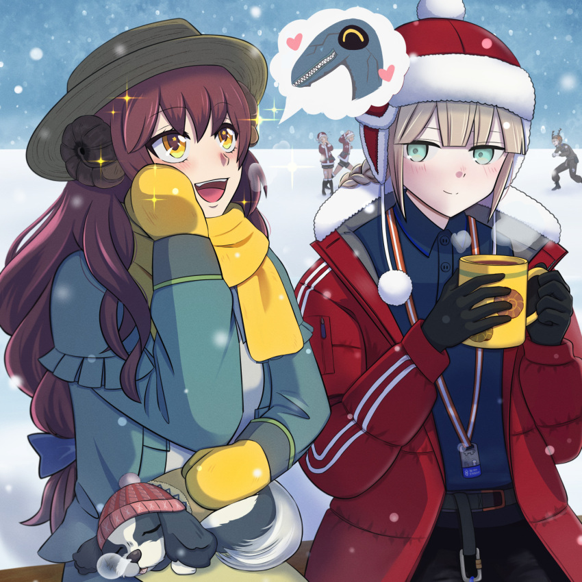 1girl 4boys animal_on_lap beanie black_gloves blonde_hair blush braid brown_hair captain_nemo_(fate) commentary_request cup engineer_nemo_(fate) fate/grand_order fate_(series) gloves green_eyes hat highres holding holding_cup long_braid long_hair marine_nemo_(fate) mary_anning_(fate) mittens mug multiple_boys nemo_(fate) nemo_(santa)_(fate) on_lap outdoors plesiosaur pom_pom_(clothes) pom_pom_beanie red_sweater ringono-uta_s-r-_27 scarf single_braid smile snow spaniel_(dog) sparkle speech_bubble spoken_character steam sweater yellow_eyes yellow_mittens yellow_scarf