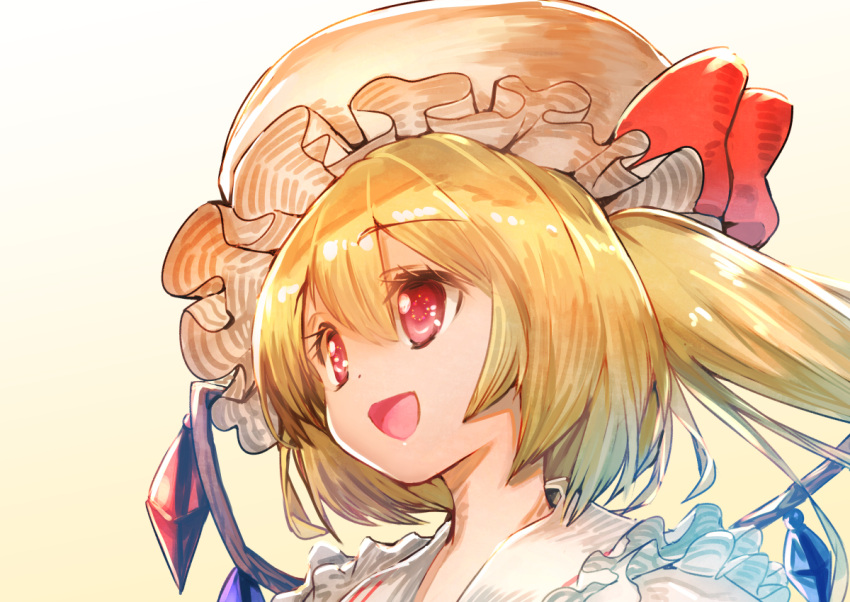 1girl blonde_hair collared_shirt crystal flandre_scarlet frilled_shirt_collar frills hair_between_eyes happy hat medium_hair mob_cap multicolored_wings one_side_up open_mouth red_eyes shirt simple_background smile solo touhou upper_body usapenpen2019 white_background white_headwear white_shirt wings
