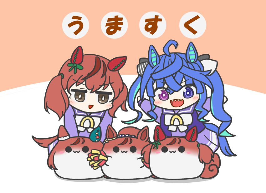 2girls :3 @_@ ahoge animal_ears aqua_hair assist_(2828) black_bow blue_eyes blunt_bangs bow bowtie bright_pupils brown_eyes brown_hair chibi colored_inner_hair commentary curly_hair curly_sidelocks ear_covers ear_ornament ear_ribbon green_ribbon hair_between_eyes hair_bow hair_ribbon heterochromia highres horse_ears horse_girl horse_tail long_hair long_sleeves looking_down multicolored_hair multiple_girls nice_nature_(converging_wishes)_(umamusume) nice_nature_(run&amp;win)_(umamusume) nice_nature_(umamusume) official_alternate_hairstyle open_mouth outstretched_arms pleated_skirt pom_pom_(cheerleading) purple_sailor_collar purple_shirt purple_skirt ribbon sailor_collar sailor_shirt school_uniform sharp_teeth shirt sidelocks single_ear_cover skirt spread_arms streaked_hair striped_bow sukusuku_hakutaku sweatdrop tail teeth tracen_school_uniform translated twin_turbo_(umamusume) twintails two-tone_background two-tone_bow two-tone_hair umamusume v-shaped_eyebrows very_long_hair violet_eyes white_bow white_bowtie winter_uniform