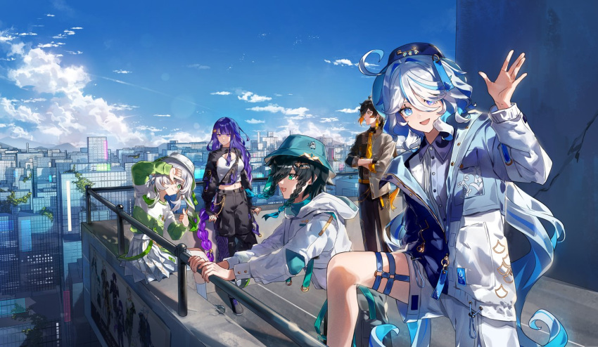 2boys 3girls :d androgynous aqua_eyes architecture black_pants blue_eyes blue_hair blue_hat braid brown_hair bucket_hat building casual city cityscape collared_shirt cowlick crossed_legs day dress_shirt drop-shaped_pupils earrings finger_frame furina_(genshin_impact) genshin_impact gradient_hair grape_(pixiv27523889) green_eyes greyscale hair_ornament hairclip hat head_tilt hood hoodie jacket jewelry light_blue_hair long_hair looking_at_viewer low-braided_long_hair low-tied_long_hair mole mole_under_eye monochrome multicolored_clothes multicolored_hair multicolored_jacket multiple_boys multiple_girls nahida_(genshin_impact) necktie on_roof open_clothes open_mouth outdoors pants partially_unzipped pleated_skirt purple_hair raiden_shogun railing rooftop scenery shirt short_hair_with_long_locks shorts sitting skirt sky skyscraper sleeves_rolled_up smile standing symbol-shaped_pupils tassel tassel_earrings thigh_strap twin_braids venti_(genshin_impact) very_long_hair violet_eyes waving white_hair white_shorts yellow_background yellow_necktie zhongli_(genshin_impact) zipper_pull_tab