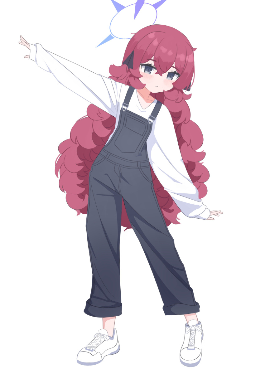 absurdres anma21 blue_archive bow closed_mouth collarbone expressionless full_body grey_eyes hair_bow halo highres iroha_(blue_archive) jumpsuit long_hair no_headwear redhead shirt simple_background white_background white_footwear white_shirt