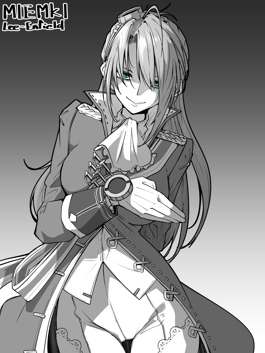 1girl absurdres ahoge aqua_eyes ascot breasts character_name commentary evil_smile girls_frontline gloves gradient_background greyscale highres lee-enfield_(girls'_frontline) long_hair looking_at_viewer minami_shin_(zenshuu_bougyo) monochrome partially_shaded_face shaded_face smile solo spot_color straight-on