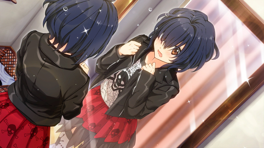 1girl 22/7 22/7_ongaku_no_jikan black_jacket blue_hair blush brown_eyes dutch_angle embarrassed flying_sweatdrops from_above from_behind full-length_mirror game_cg hair_over_one_eye highres jacket leather leather_jacket lens_flare looking_at_mirror mirror non-web_source official_art open_clothes open_jacket open_mouth pleated_skirt print_shirt print_skirt red_skirt shirt short_hair skirt skull_and_crossbones skull_print solo sparkle takigawa_miu wavy_hair wavy_mouth