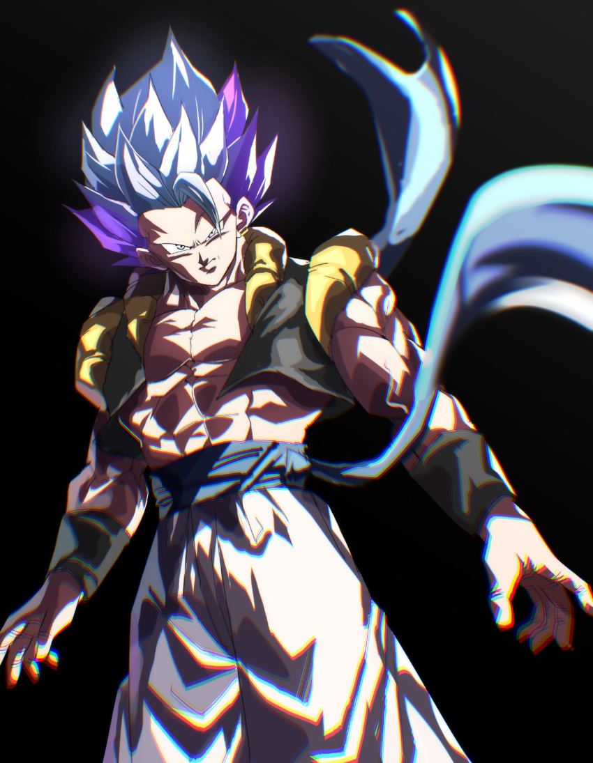 alternate_form alternate_universe black_background black_vest black_wristband blue_sash blurry blurry_background blurry_foreground commentary_request cowboy_shot cropped_vest dragon_ball dragon_ball_super dragon_ball_super_broly earrings gogeta grey_eyes highres jewelry looking_at_viewer male_focus metamoran_vest multicolored_hair muscular muscular_male no_eyebrows pants purple_hair sash serious single_earring tkht_9315 two-tone_hair ultra_ego_(dragon_ball) ultra_instinct vest white_hair white_pants