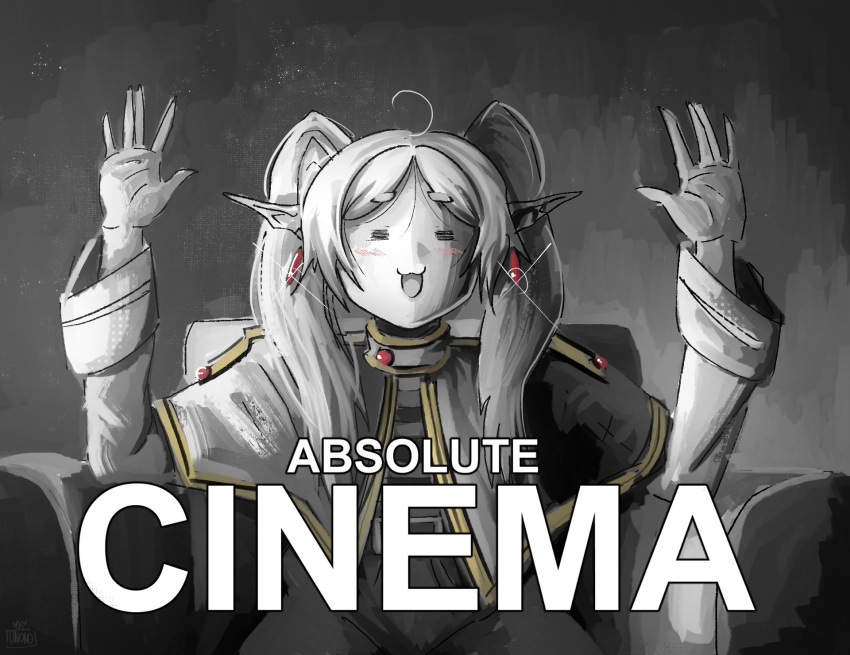 1girl =_= absolute_cinema_(meme) armchair capelet chair commentary dangle_earrings earrings english_commentary english_text frieren gold_trim greyscale highres jewelry long_sleeves meme monochrome ononotsu parted_bangs pointy_ears sitting solo sousou_no_frieren spot_color twintails upper_body