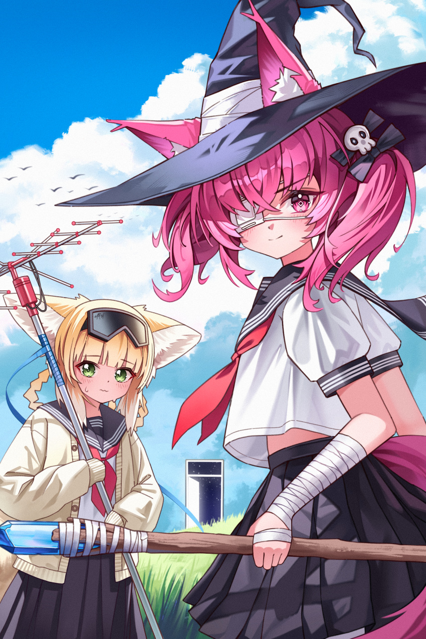 2girls absurdres animal_ear_fluff animal_ears antenna_mast arknights bandaged_arm bandages black_bow black_hat black_sailor_collar black_skirt blonde_hair blue_sky blush bow braid brown_cardigan cardigan chuunibyou closed_mouth clouds cloudy_sky commentary_request crystal day ears_through_headwear eyepatch fox_ears fox_girl fox_tail goggles goggles_on_head green_eyes hair_bow hair_ornament hair_rings hat highres long_sleeves medical_eyepatch multiple_girls neckerchief open_cardigan open_clothes outdoors pink_hair pleated_skirt puffy_long_sleeves puffy_short_sleeves puffy_sleeves red_neckerchief sailor_collar school_uniform serafuku shamare_(arknights) shirt short_sleeves skirt skull_hair_ornament sky sleeves_past_fingers sleeves_past_wrists smile suzuran_(arknights) sweat tail twin_braids twintails violet_eyes wavy_mouth white_shirt witch_hat zhengqi_zhizi_sg