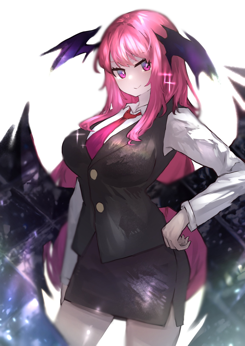 1girl absurdres bat_wings black_skirt breasts closed_mouth commentary_request getsurai head_wings highres koakuma koakuma_day long_hair long_sleeves looking_at_viewer miniskirt multiple_wings necktie pink_eyes pink_hair red_necktie simple_background skirt smile solo touhou white_background wings