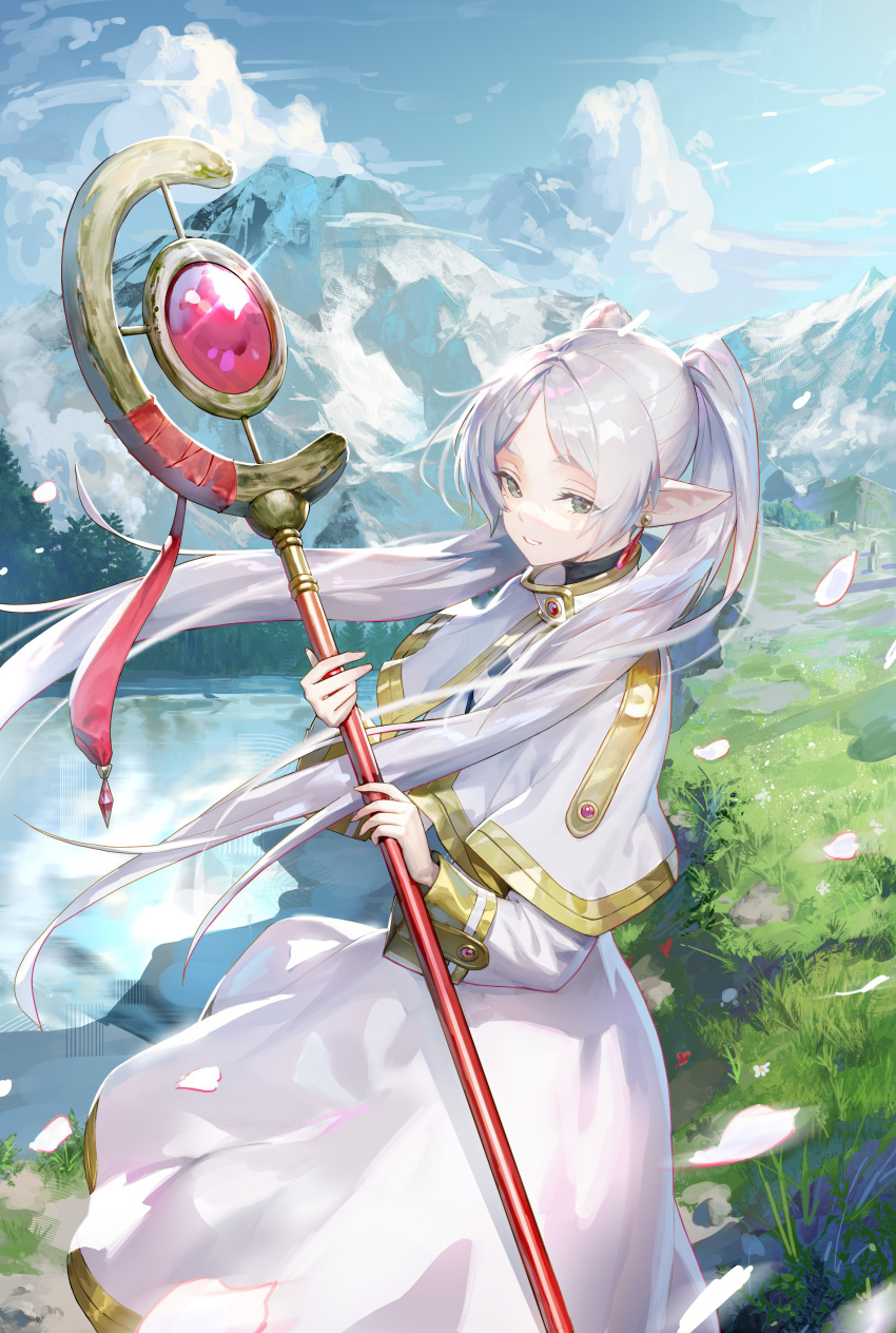 1girl absurdres capelet clouds dangle_earrings drop_earrings earrings elf falling_petals frieren grass green_eyes highres holding holding_staff jewelry jung_wonjo lake looking_at_viewer mage_staff mountain mountainous_horizon parted_bangs petals pointy_ears shirt sky sousou_no_frieren staff striped_clothes striped_shirt twintails water white_capelet white_hair